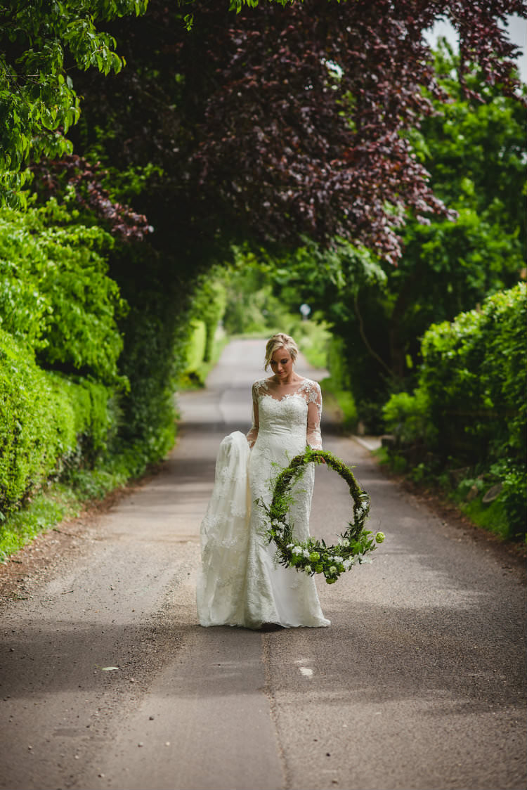 Greenery Foliage Flowers Bride Bridal Hoop Wreath Garden of Hygge Wedding Ideas http://www.sophieduckworthphotography.com/