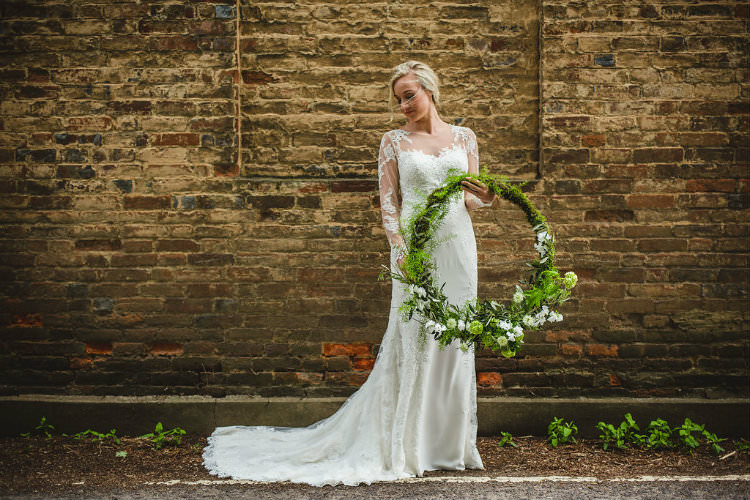 Greenery Foliage Flowers Bride Bridal Hoop Wreath Garden of Hygge Wedding Ideas http://www.sophieduckworthphotography.com/