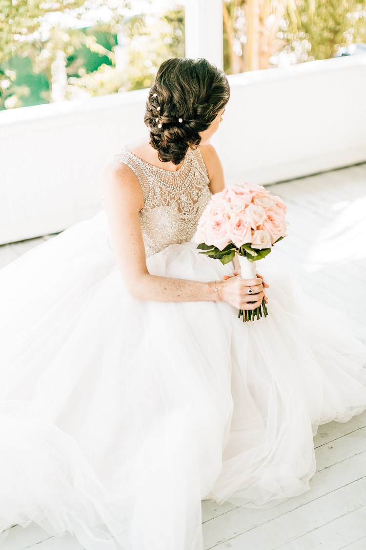 Bride Bridal Madison James Embellished Beading Chignon Bouquet Roses Pink Gold Flamingos Pineapples Florida Destination Wedding http://www.findinglightphotography.com/