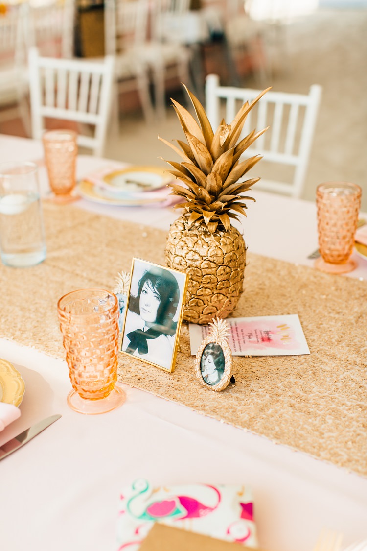 Sequin Table Runner Sparkly Sprayed Pineapple Coloured Glass Vintage Photos Frame Pink Gold Flamingos Pineapples Florida Destination Wedding http://www.findinglightphotography.com/