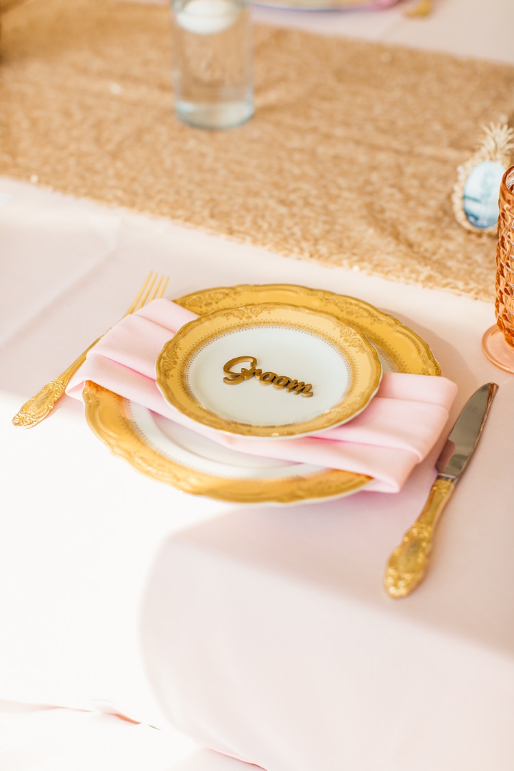 Table Setting Cutlery Sparkly Sequin Runner Laser Cut Place Name Pink Gold Flamingos Pineapples Florida Destination Wedding http://www.findinglightphotography.com/