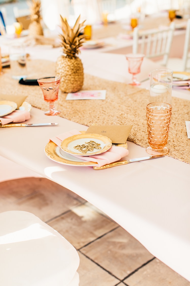 Table Setting Cutlery Sparkly Sequin Runner Laser Cut Place Name Pink Gold Flamingos Pineapples Florida Destination Wedding http://www.findinglightphotography.com/