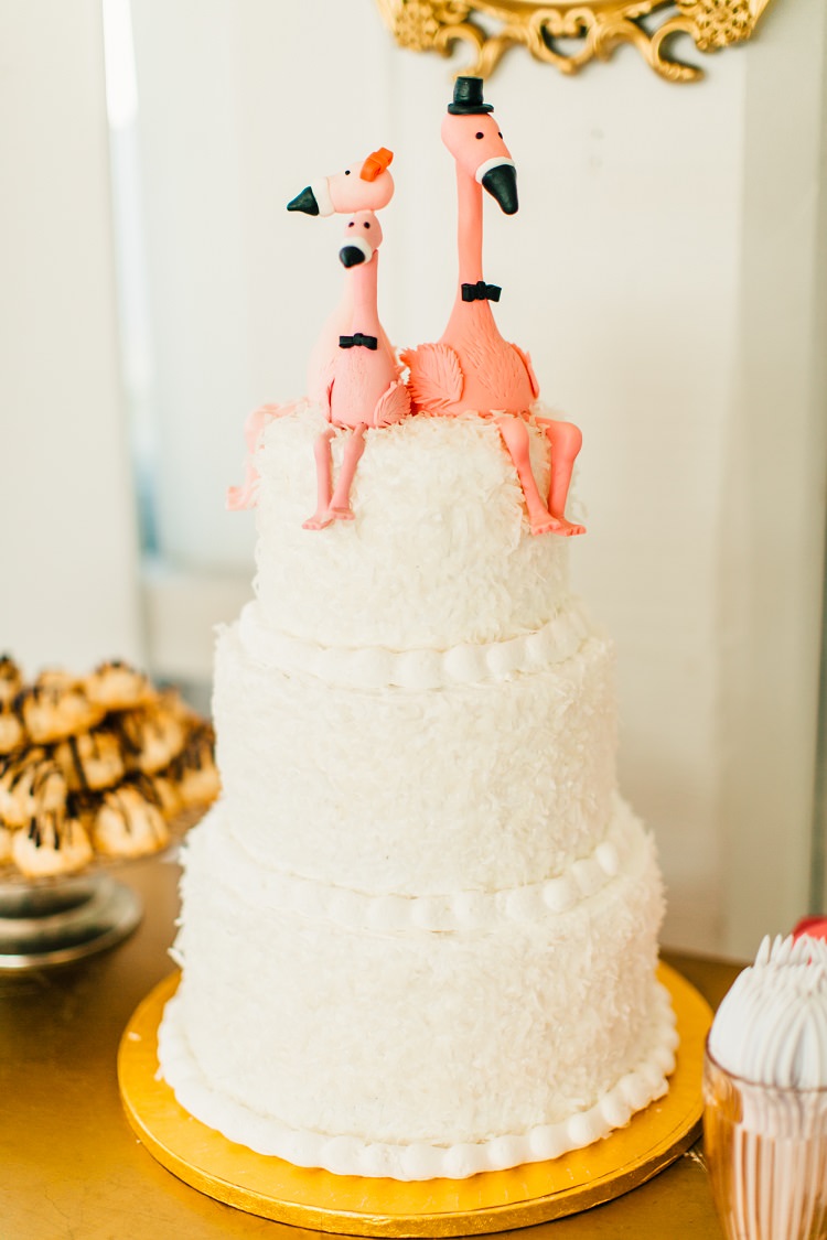 Cake Table Coconut Tiered Flamingo Icing Pink Gold Flamingos Pineapples Florida Destination Wedding http://www.findinglightphotography.com/