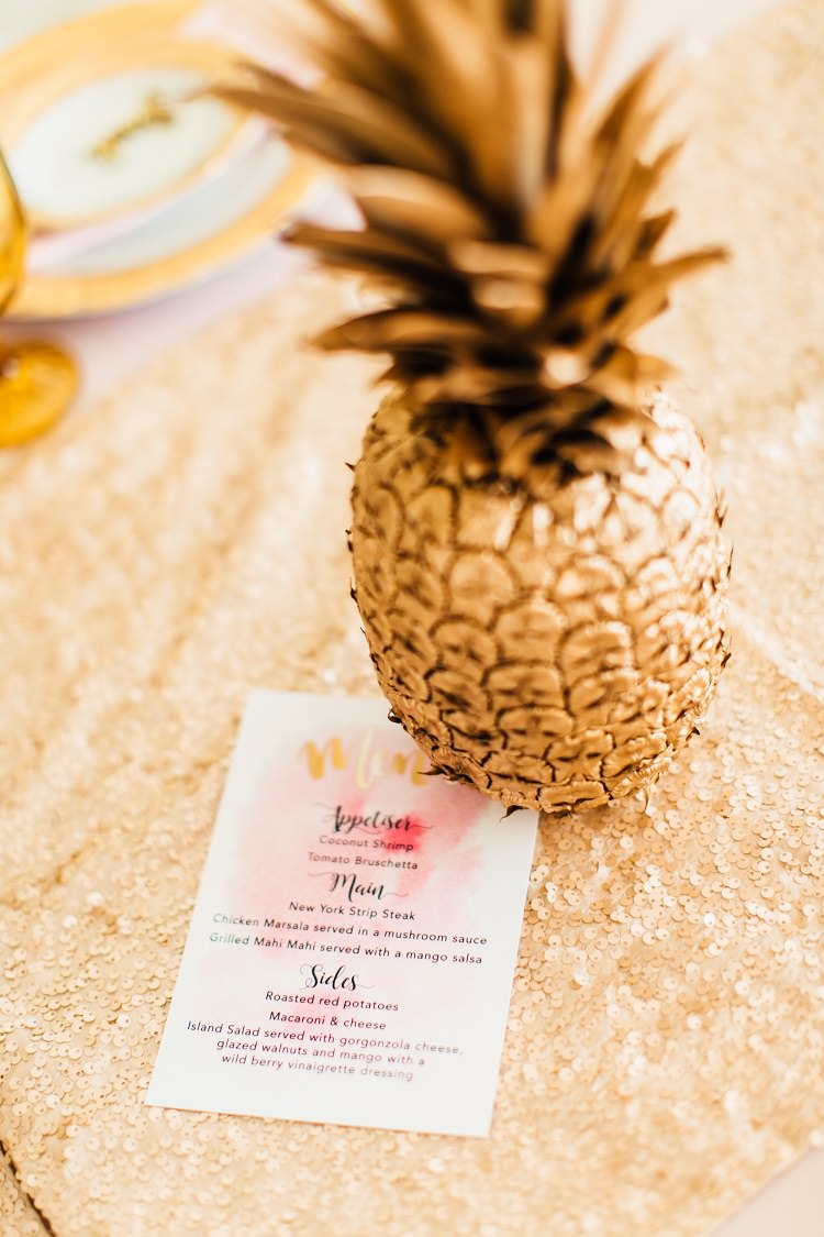 Table Menu Modern Calligraphy Watercolour Sprayed Pink Gold Flamingos Pineapples Florida Destination Wedding http://www.findinglightphotography.com/