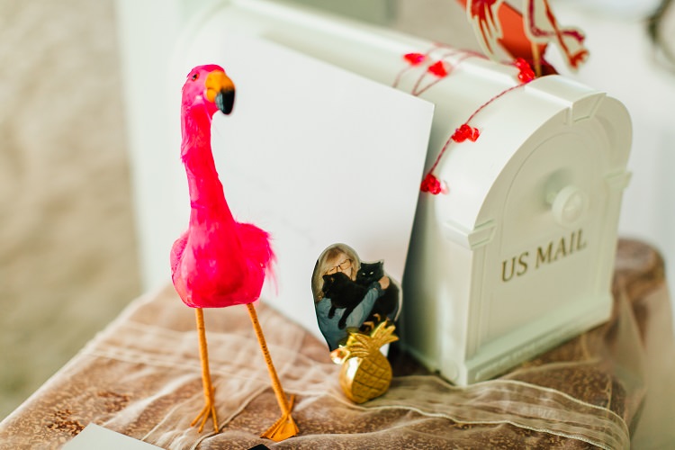 Mail Post Box Cards Gifts Table Pink Gold Flamingos Pineapples Florida Destination Wedding http://www.findinglightphotography.com/