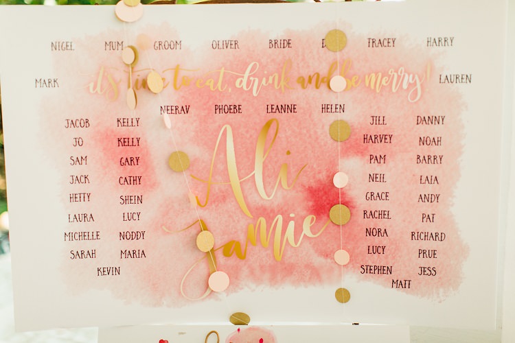 Table Plan Seating Chart Modern Calligraphy Watercolour Pink Gold Flamingos Pineapples Florida Destination Wedding http://www.findinglightphotography.com/