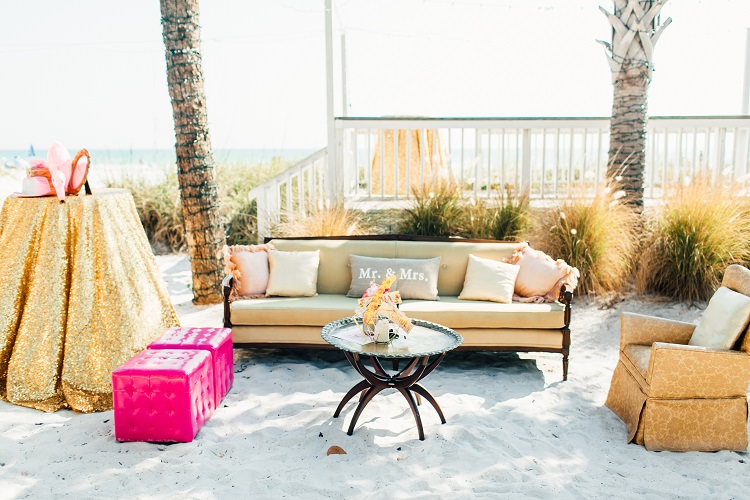 Sparkly Sequin Poseur Table Sofa Relaxed Seating Beach Armchair Pink Gold Flamingos Pineapples Florida Destination Wedding http://www.findinglightphotography.com/