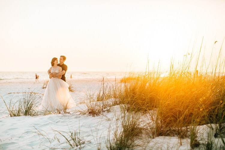 Madison James Bride Bridal Gown Dress Embellished Beading Tulle Alexander McQueen Shirt Reiss Shorts Groom Beach Pink Gold Flamingos Pineapples Florida Destination Wedding http://www.findinglightphotography.com/