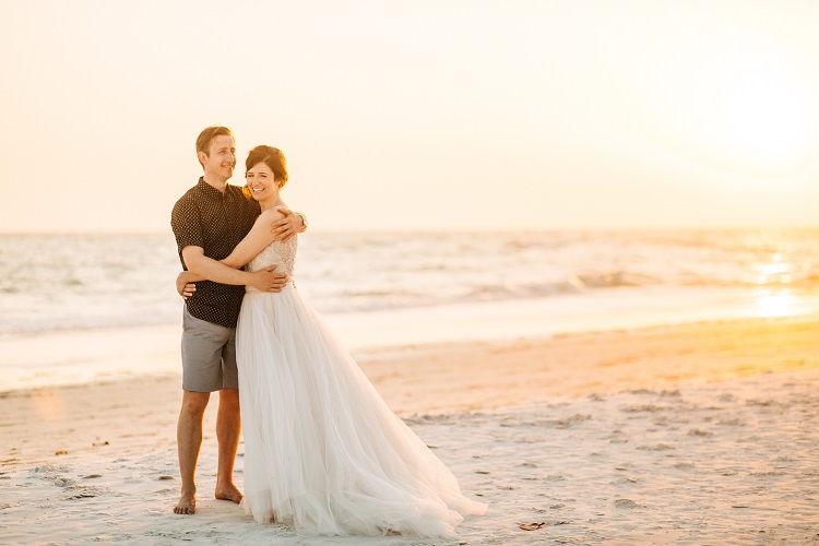 Madison James Bride Bridal Gown Dress Embellished Beading Tulle Alexander McQueen Shirt Reiss Shorts Groom Beach Pink Gold Flamingos Pineapples Florida Destination Wedding http://www.findinglightphotography.com/
