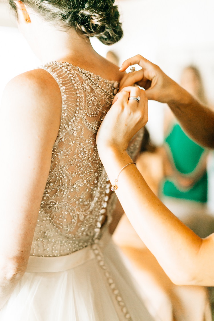 Bride Bridal Dress Gown Embellished Beading Button Back Pink Gold Flamingos Pineapples Florida Destination Wedding http://www.findinglightphotography.com/
