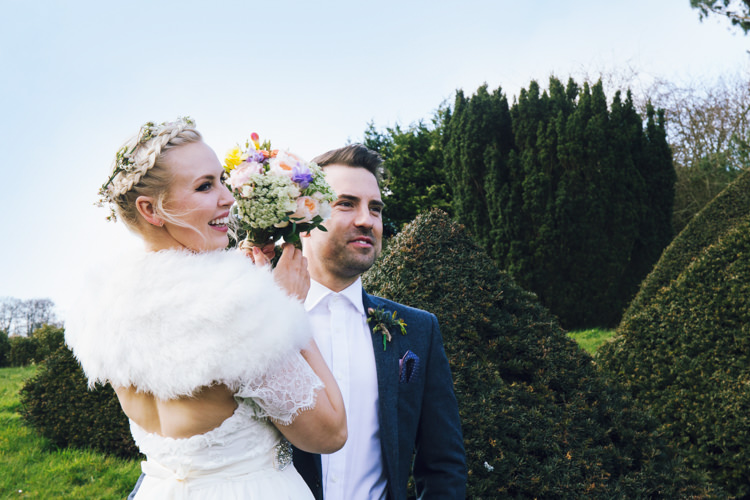 Bride Bridal Grace Loves Lace Gown Dress Flower Crown Ben Sherman Groom Fur Shrug Stole Relaxed Bohemian Spring Barn Wedding http://emilytylerphotography.com/