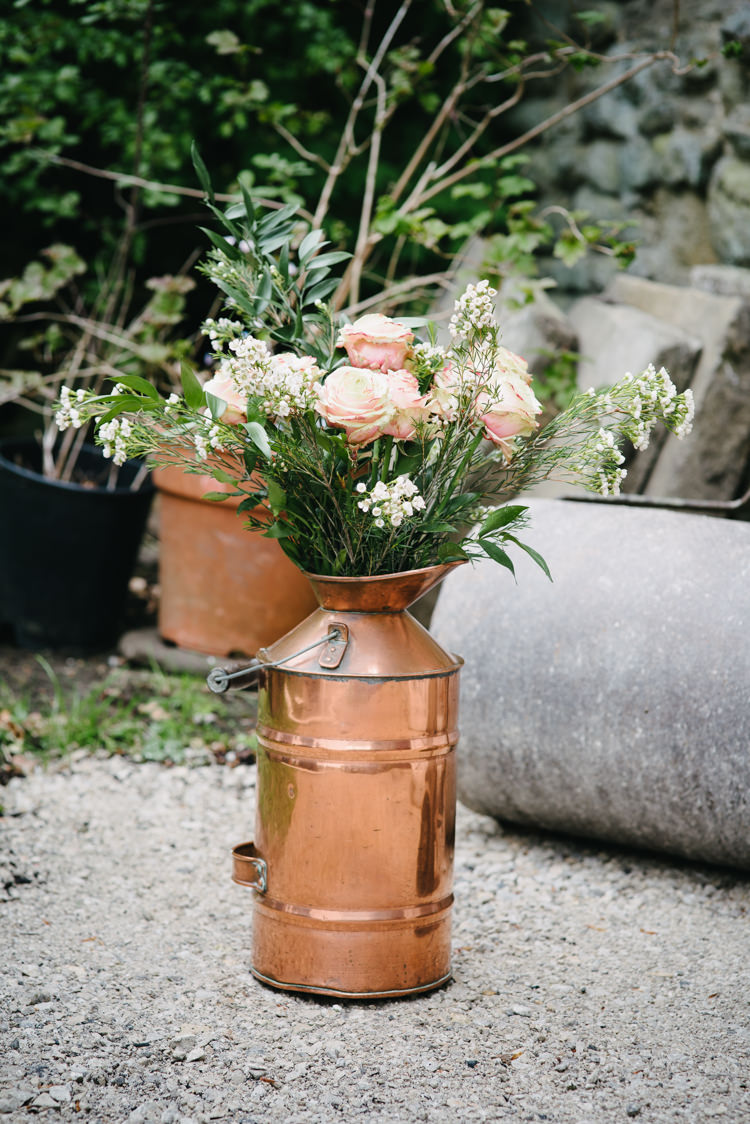Copper Milk Churn Roses Gypsophila Greenery Flowers Floral Rustic DIY Wedding at Home in the Peak District http://www.peakography.co.uk/
