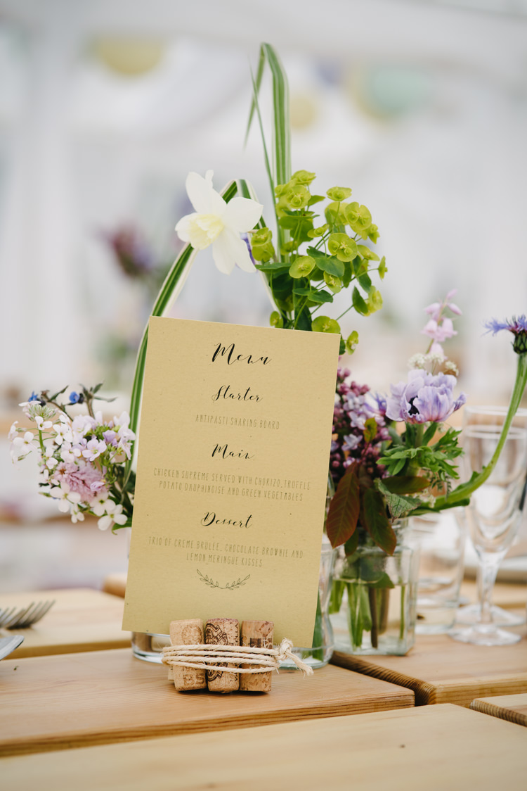 Menu Stationery Wine Cork Stand Jars Wildflowers Rustic DIY Wedding at Home in the Peak District http://www.peakography.co.uk/