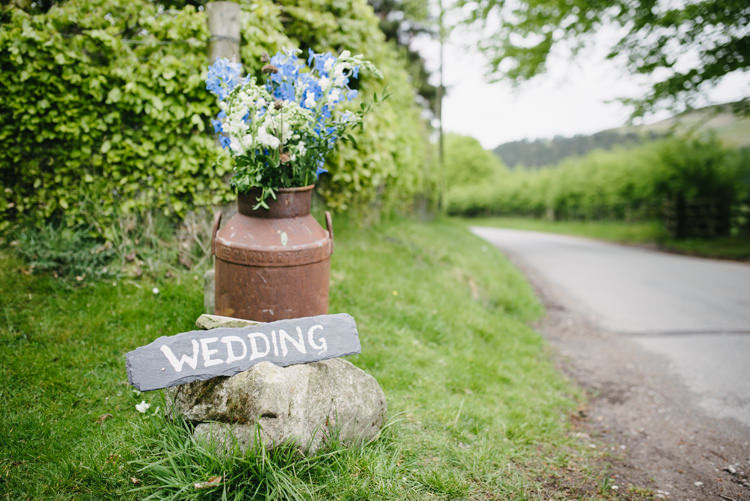 Milk Churn Blue White Stocks Sign Slate Rustic DIY Wedding at Home in the Peak District http://www.peakography.co.uk/