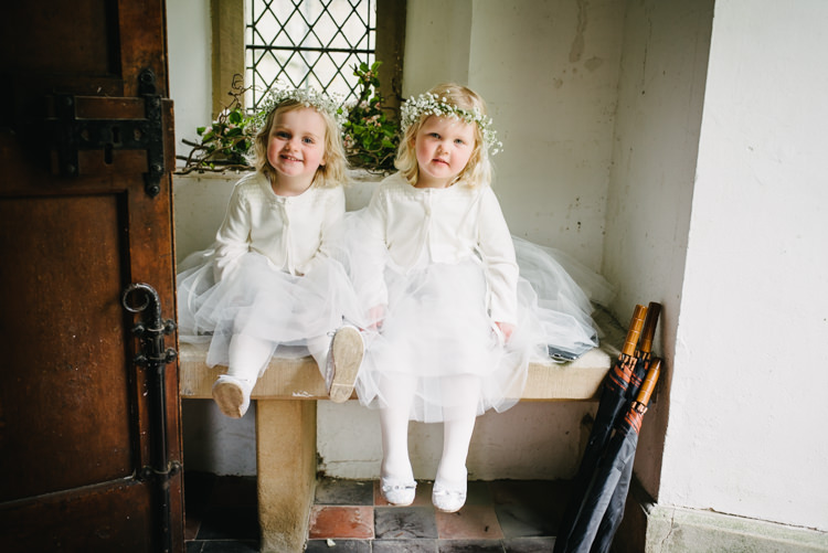 Flower Girls White Dresses Cardigan Gypsophila Crown Rustic DIY Wedding at Home in the Peak District http://www.peakography.co.uk/