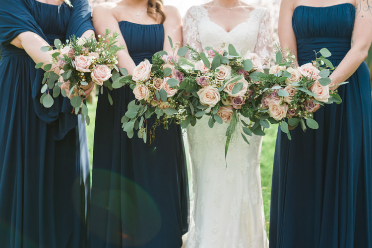 Essense of Australia Dress Gown Bride Bridal Navy Blue Bridesmaids Bouquet Eucalyptus Rose Pink Blush Classic Spring Cherry Blossom Wedding http://www.hannahmcclunephotography.com/