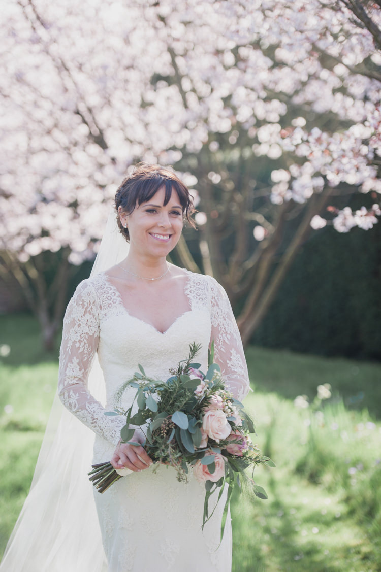 Bride Bridal Essense of Australia Gown Dress Long Sleeves Veil Bouquet Eucalptus Rose Blush Pink Classic Spring Cherry Blossom Wedding http://www.hannahmcclunephotography.com/