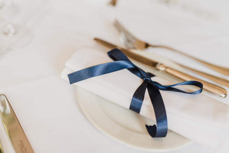 Navy Napkin Ribbon Place Setting Table Classic Spring Cherry Blossom Wedding http://www.hannahmcclunephotography.com/