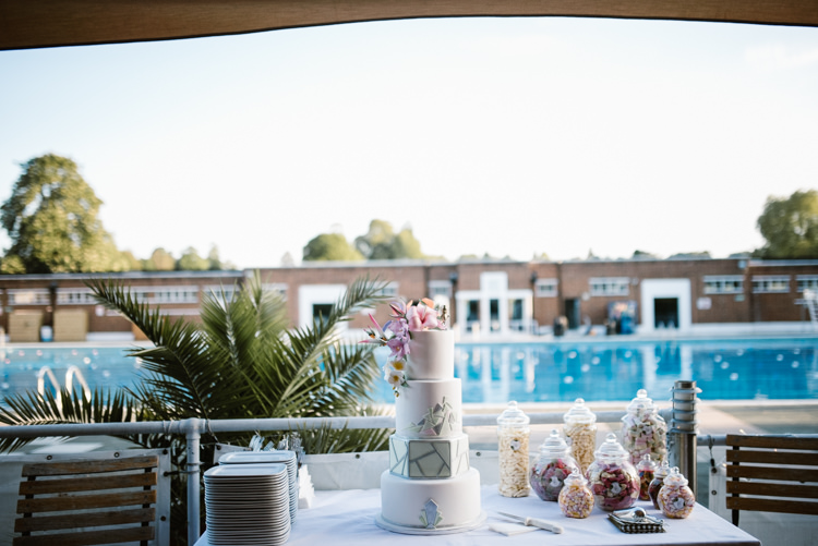 Topical Art Deco Gatsby 20s 30s Modern Cake Laid Back Local London Lido Wedding http://andrewbrannanphotography.co.uk/