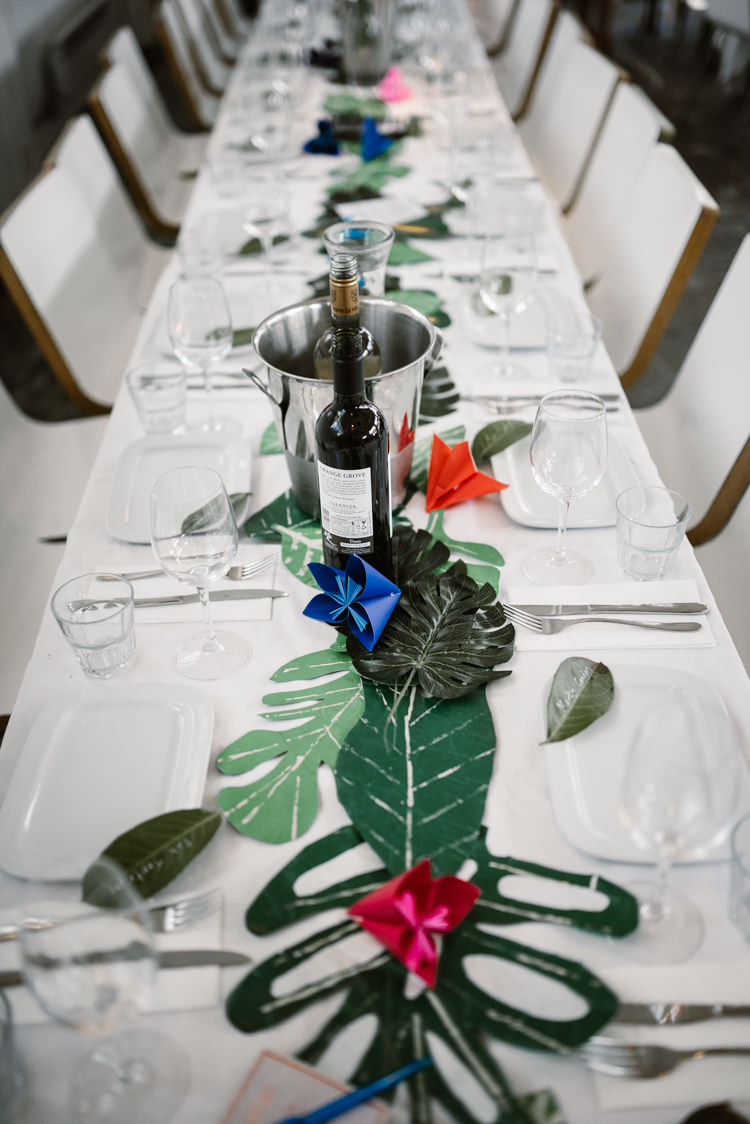 Topical Leaves Leaf Table Centrepiece Decor Laid Back Local London Lido Wedding http://andrewbrannanphotography.co.uk/