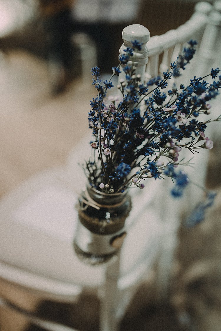 Lavender Jars Flowers Chairs Decor Pew End Woodland Lavender Spring Country Wedding http://www.carlablainphotography.co.uk/
