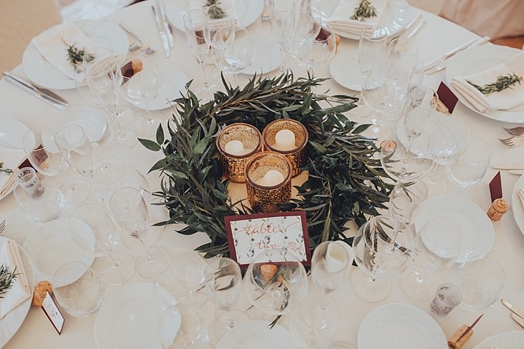 Greenery Wreath Table Centrepiece Decor Candles Destination Italy Wedding Burgundy http://www.brookrosephotography.co.uk/