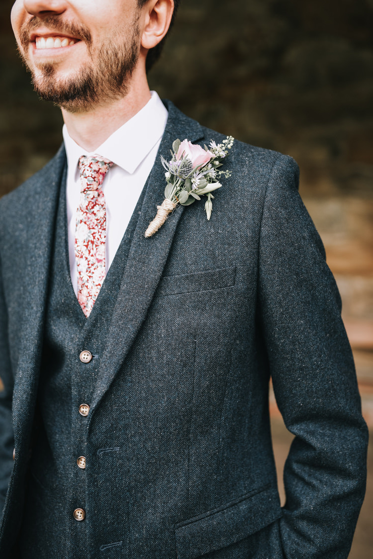 Floral Tie Grey Suit Buttonhole Groom Crafty Fun Budget Friendly Wedding https://www.pearbearphotography.com/
