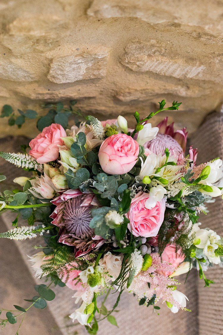King Protea Blushing Bride Protea Succulents O’hara Rose Astilbe Bride Bridal Bouquet Flowers Pink Graceful Walled Garden Wedding http://helenkingphotography.co.uk/