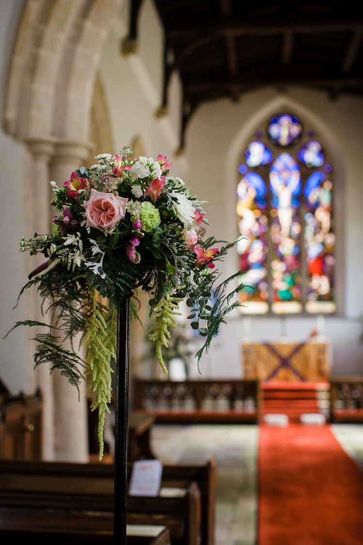 Tall Church Flowers Pew End Green Pink Graceful Walled Garden Wedding http://helenkingphotography.co.uk/