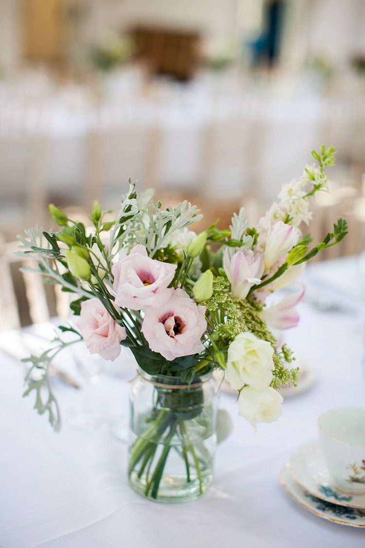 Jar Flowers Pink Green Graceful Walled Garden Wedding http://helenkingphotography.co.uk/