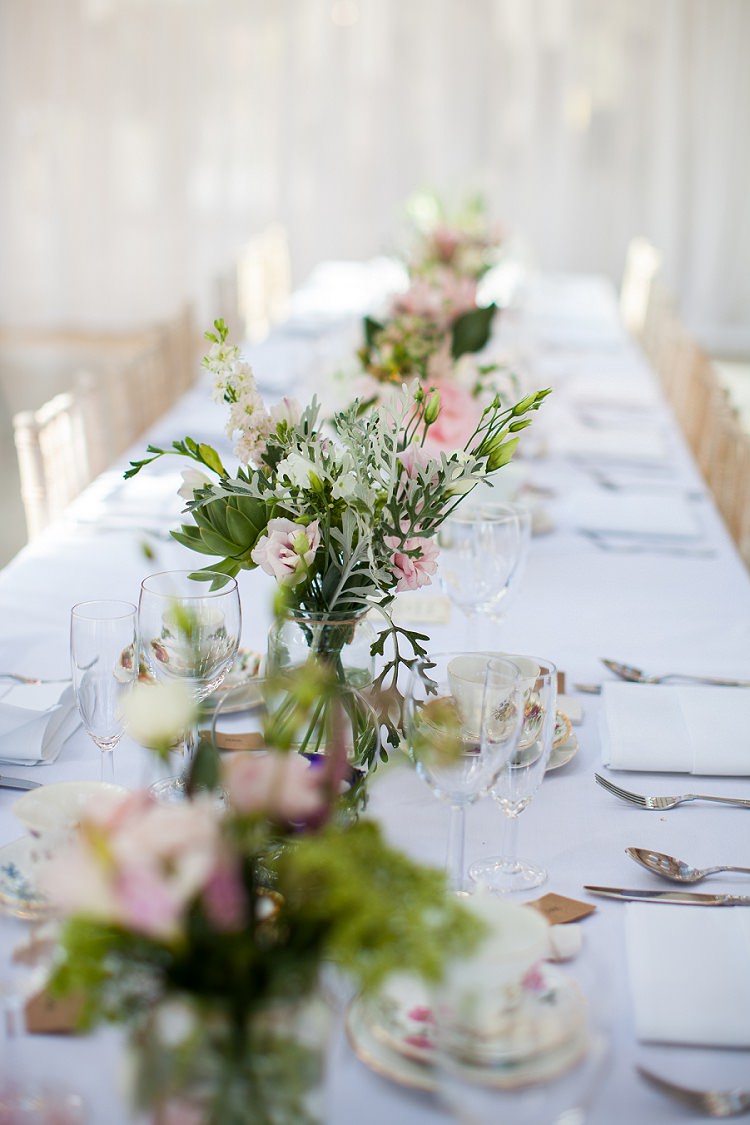 Jar Flowers Table Centrepiece Pink Green Cream Graceful Walled Garden Wedding http://helenkingphotography.co.uk/