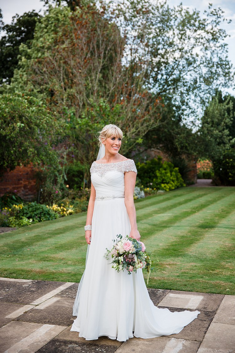 Off Shoulder Bardot Dress Bride Bridal Beaded Gown Justin Alexander Graceful Walled Garden Wedding http://helenkingphotography.co.uk/