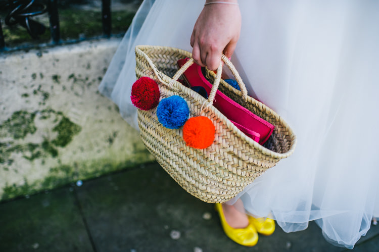 Pom Pom Basket Bag Bride Bridal Alternative Home Made Colourful Wedding http://allisondeweyphotography.co.uk/