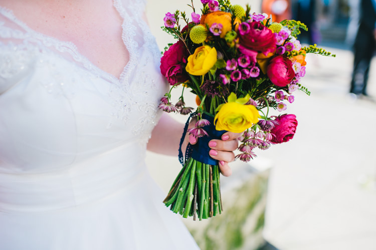 Flowers Bouquet Ranunculus Craspedia Eucalyptus Wax Flowers Astrantia Roma Yellow Orange Pink Bride Bridal Alternative Home Made Colourful Wedding http://allisondeweyphotography.co.uk/