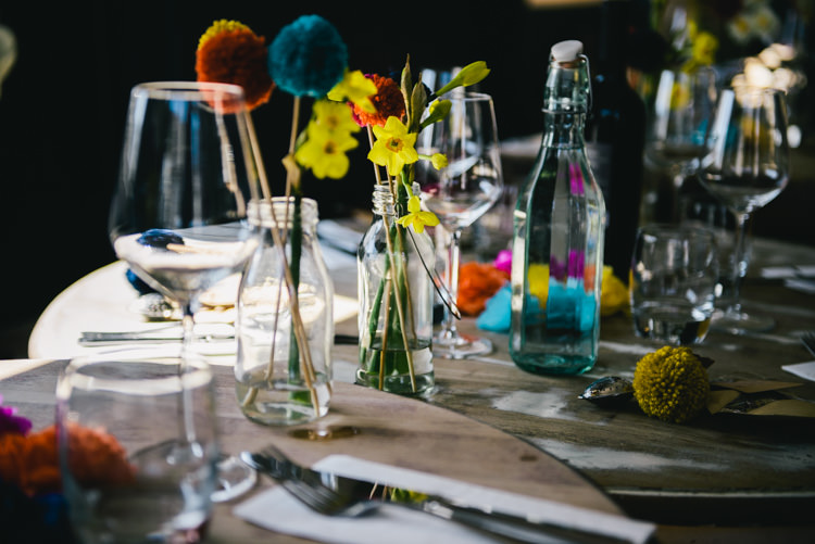 Flowers Pompoms Jar Bottle Decor Alternative Home Made Colourful Wedding http://allisondeweyphotography.co.uk/