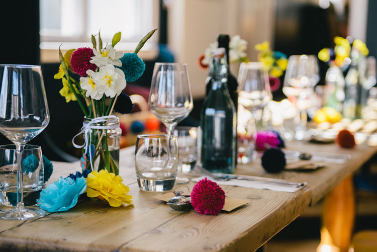 Pompom Flowers Jar Decor Table Alternative Home Made Colourful Wedding http://allisondeweyphotography.co.uk/