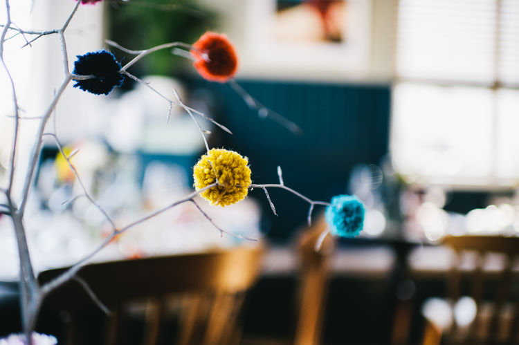 Pompom Branch Tree Alternative Home Made Colourful Wedding http://allisondeweyphotography.co.uk/