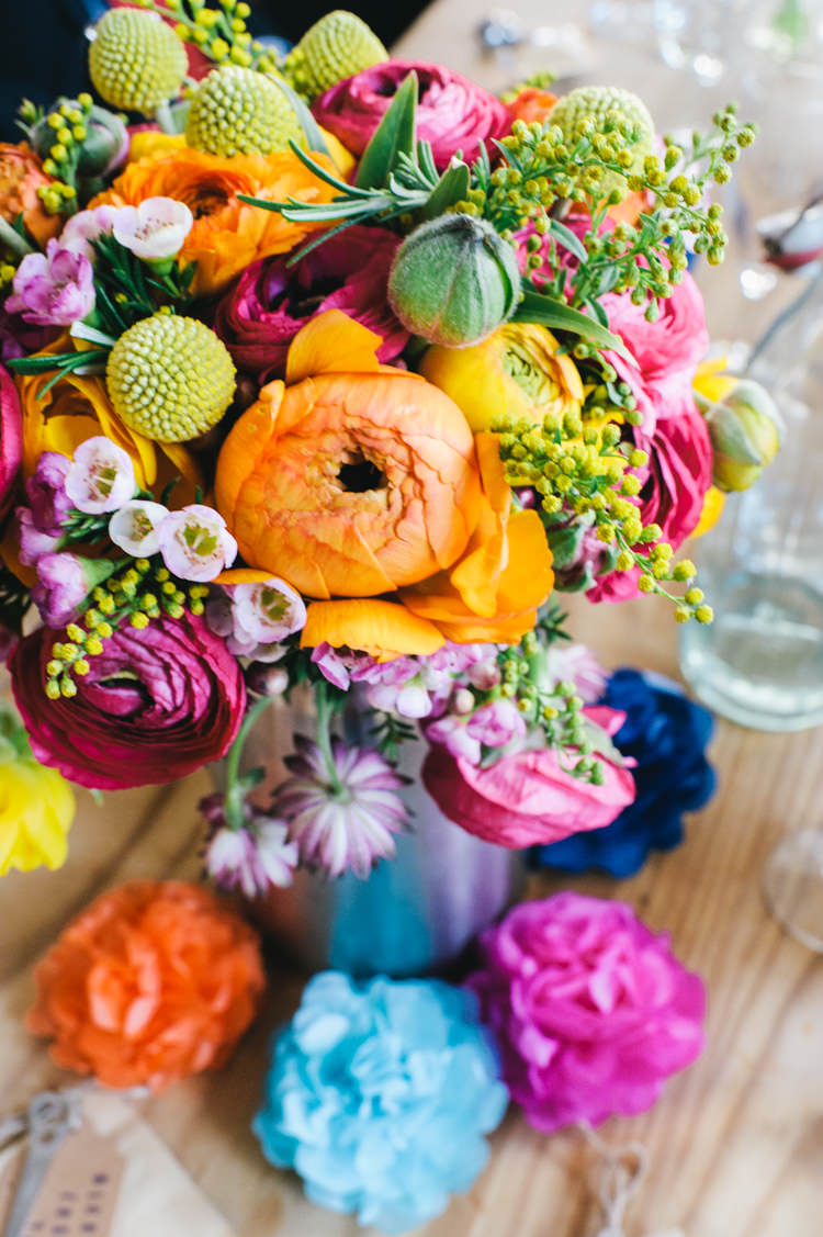 Flowers Bouquet Ranunculus Craspedia Eucalyptus Wax Flowers Astrantia Roma Yellow Orange Pink Alternative Home Made Colourful Wedding http://allisondeweyphotography.co.uk/