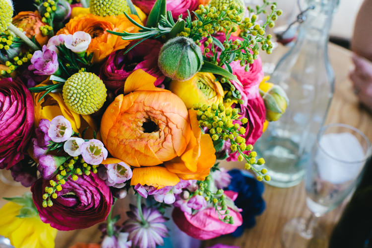 Flowers Bouquet Ranunculus Craspedia Eucalyptus Wax Flowers Astrantia Roma Yellow Orange Pink Alternative Home Made Colourful Wedding http://allisondeweyphotography.co.uk/
