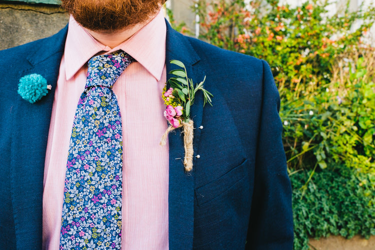 Floral Tie Groom Buttonhole Pompom Badge Alternative Home Made Colourful Wedding http://allisondeweyphotography.co.uk/