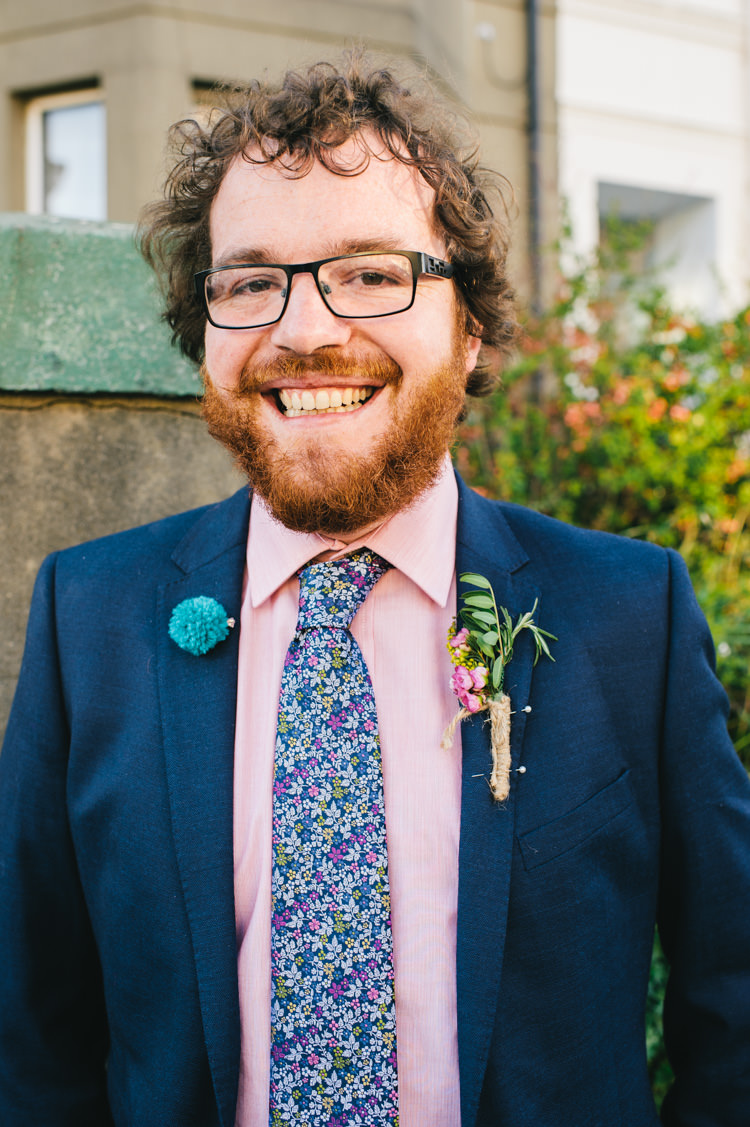 Floral Tie Pink Shirt Groom Pompom Badge Alternative Home Made Colourful Wedding http://allisondeweyphotography.co.uk/