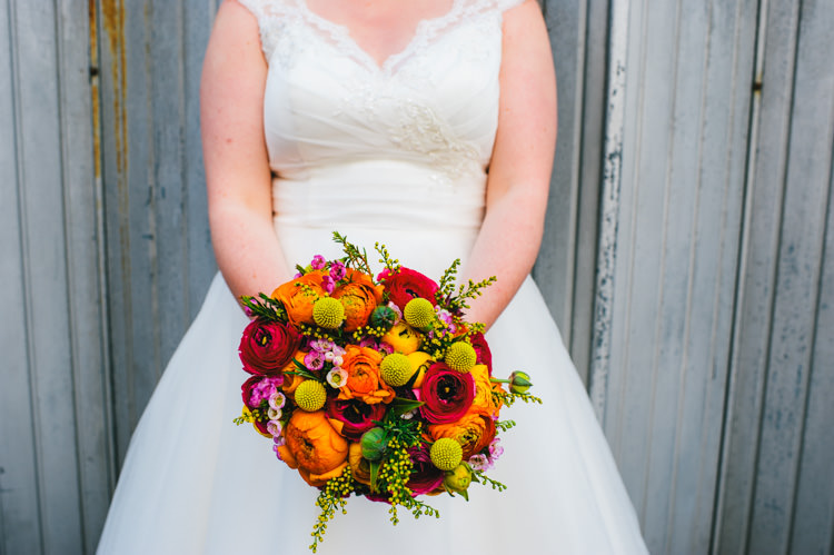 Flowers Bouquet Ranunculus Craspedia Eucalyptus Wax Flowers Astrantia Roma Yellow Orange Pink Bride Bridal Alternative Home Made Colourful Wedding http://allisondeweyphotography.co.uk/