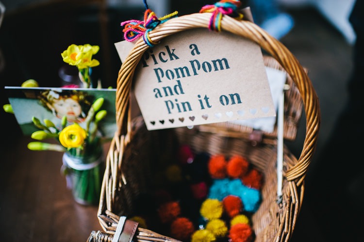 Pompoms Badges Decor Alternative Home Made Colourful Wedding http://allisondeweyphotography.co.uk/