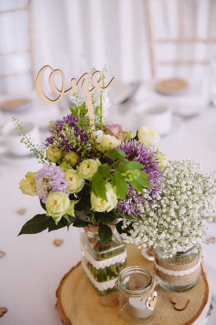 Wooden Table Number Centrepiece Flowesrs Jars Romantic Soft Pastel Pretty Wedding http://hayleybaxterphotography.com/