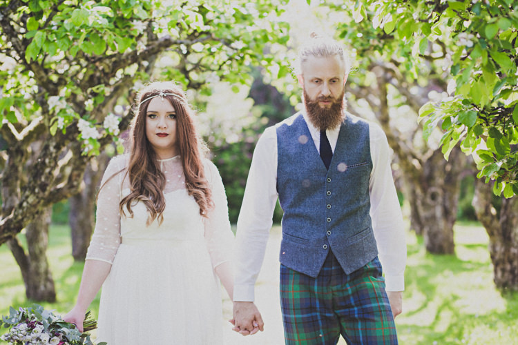 Groom Blue Waistcoat Tartan Trousers Attire Outfit Enchanting Free-Spirited Outdoor Wedding http://www.johnelphinstonestirling.com/