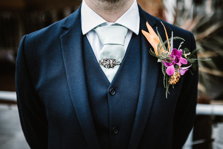 Topical Buttonhole Groom Orchid Bird Paradise Laid Back Local London Lido Wedding http://andrewbrannanphotography.co.uk/