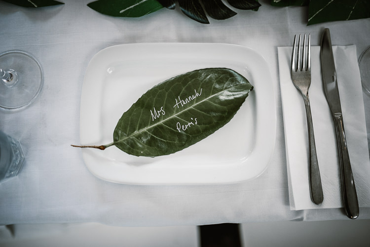 Tropical Leaf Place Name Setting Laid Back Local London Lido Wedding http://andrewbrannanphotography.co.uk/
