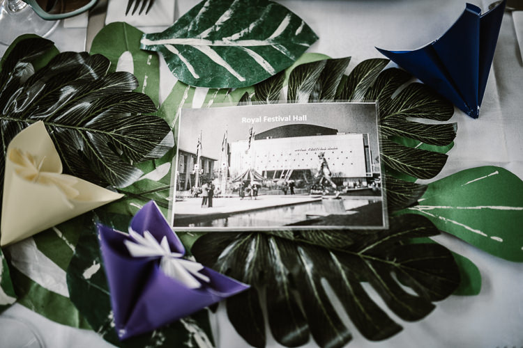 Tropical Leaf Leaves Decor Table Laid Back Local London Lido Wedding http://andrewbrannanphotography.co.uk/