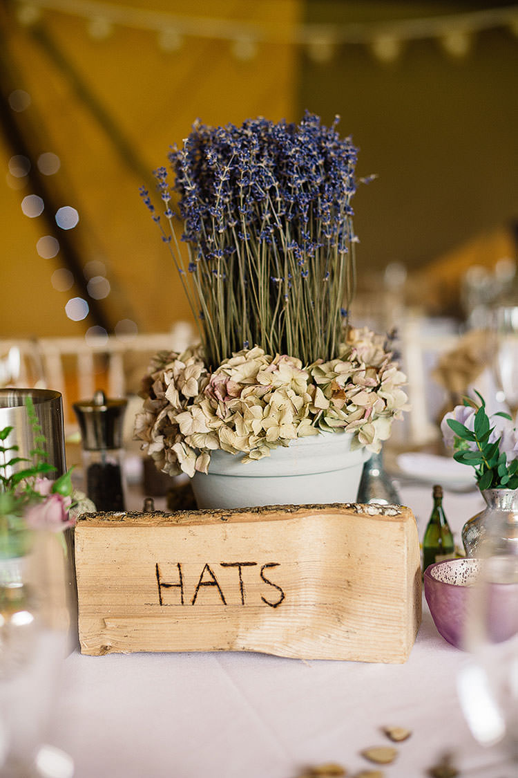 Lavender Hydrangea Pot Plants Decor Table Charming Natural Countryside Tipi Wedding http://www.pauljosephphotography.co.uk/