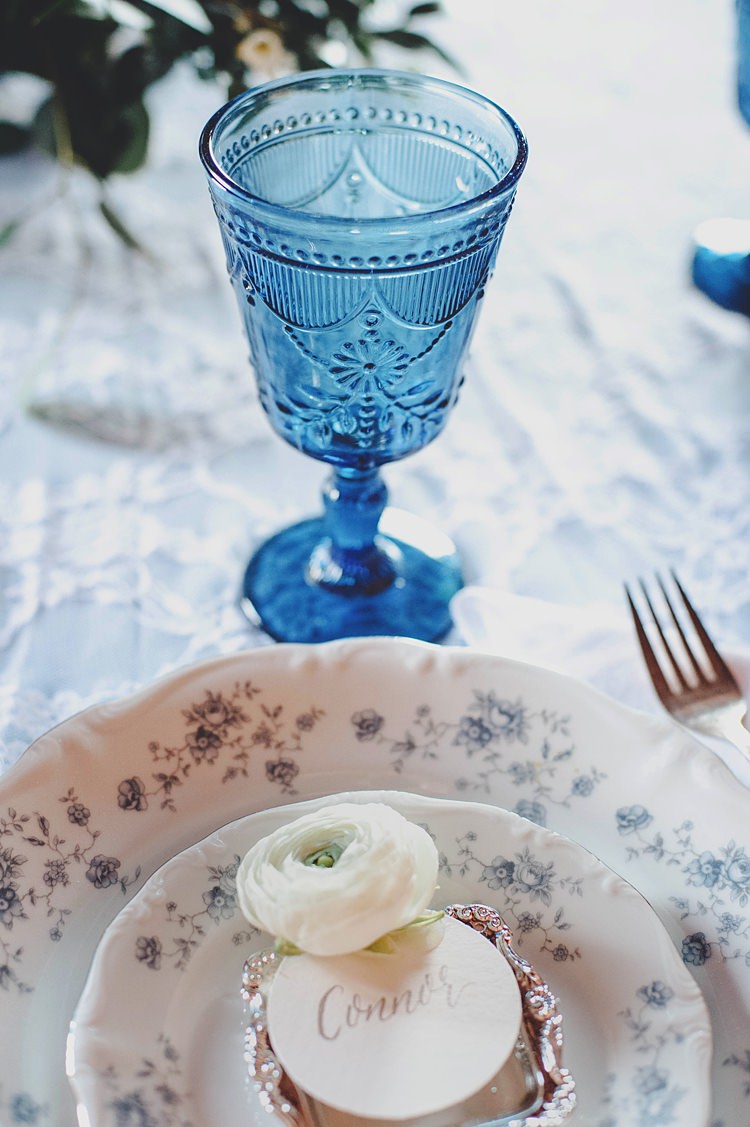 Blue Tableware Place Setting Windy Valley of Fire Wedding Nevada https://cactusandlaceweddings.com/